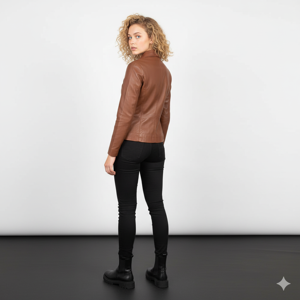 Women Colette Brown Leather Jacket - Noir Mode