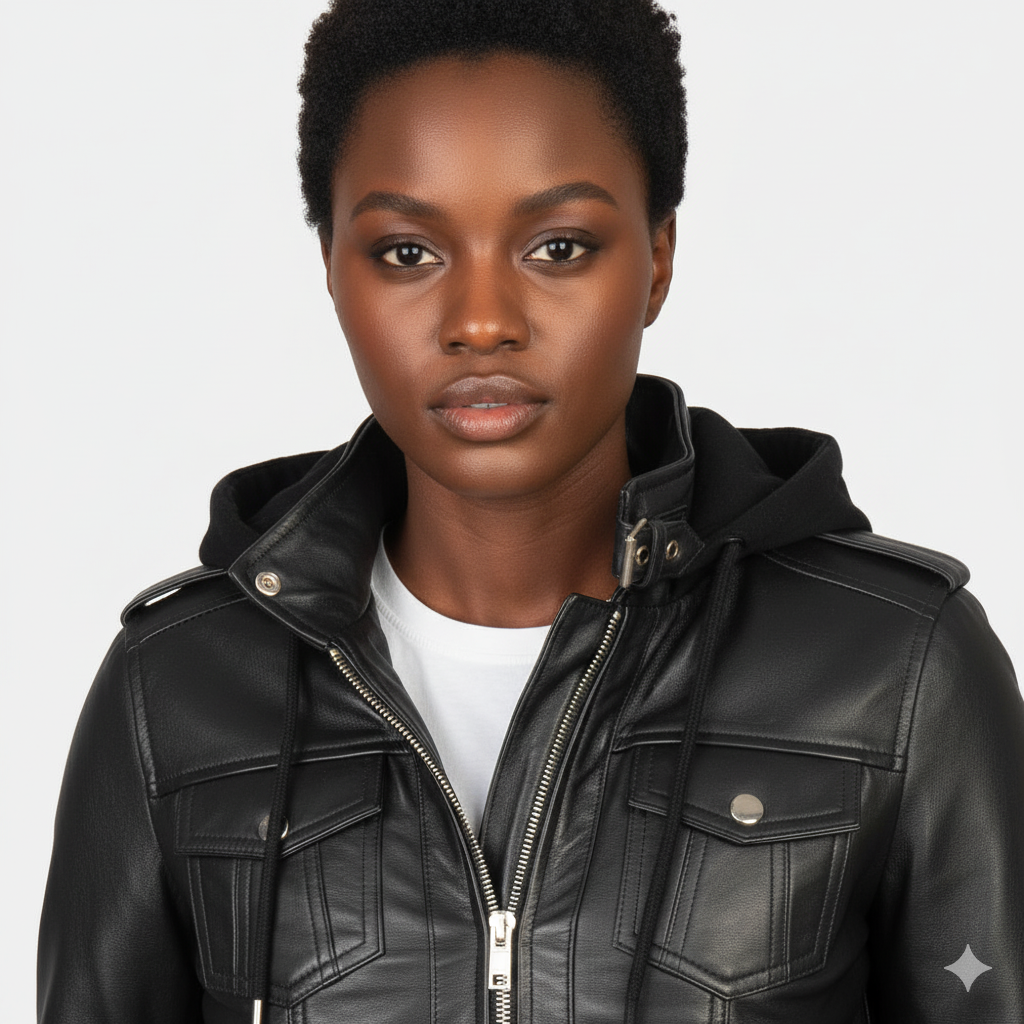 Women's Roslyn Black Hooded Leather Bomber Jacket – Noir Mode