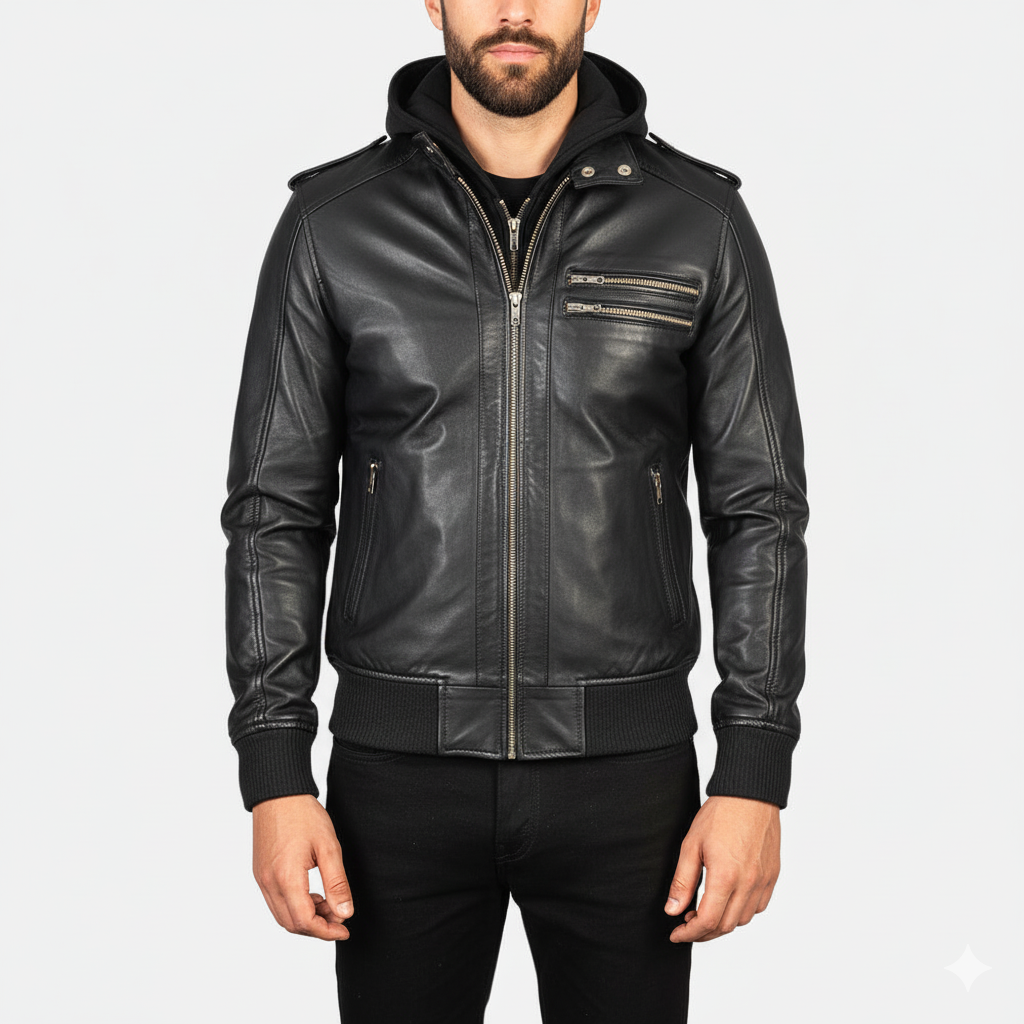 Men's Bravado Black Hooded Leather Bomber Jacket – The Jacket Maker